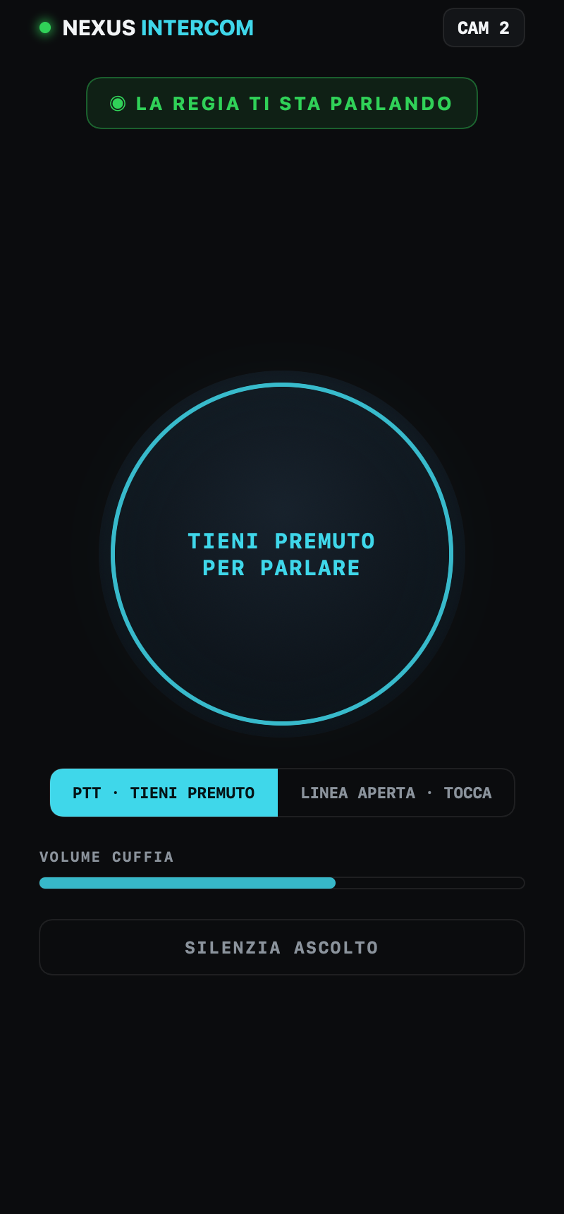 La vista beltpack su iPhone: push-to-talk gigante, volume cuffia, silenzia ascolto
