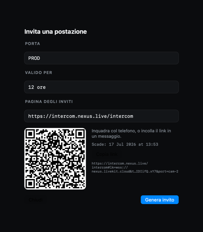 Generazione dell'invito con QR e link a scadenza