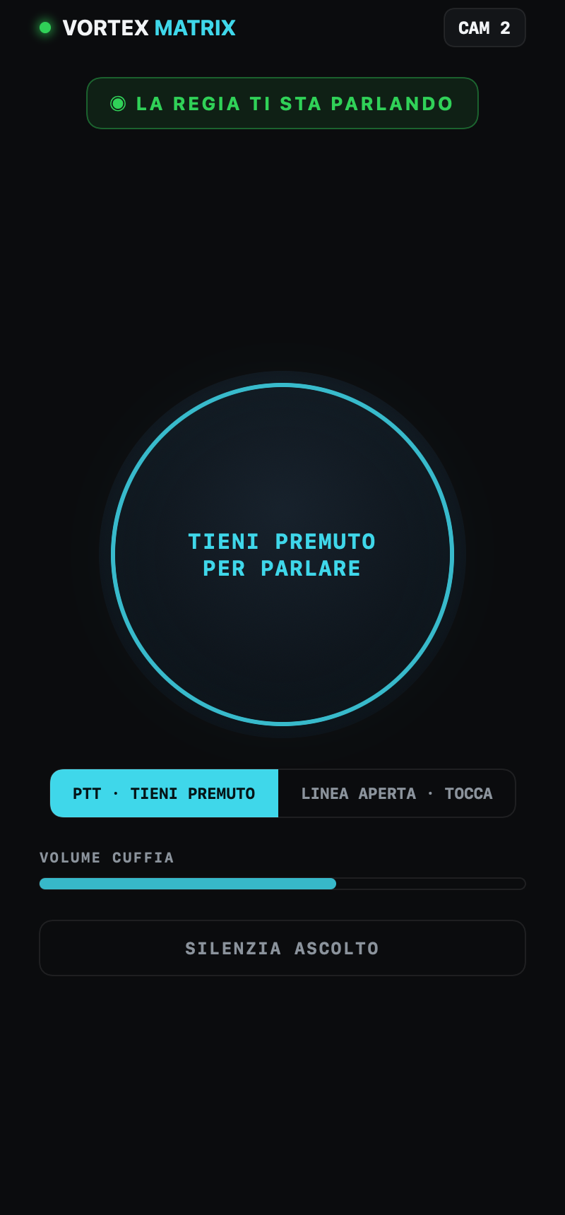 La vista beltpack su iPhone: push-to-talk gigante, volume cuffia, silenzia ascolto