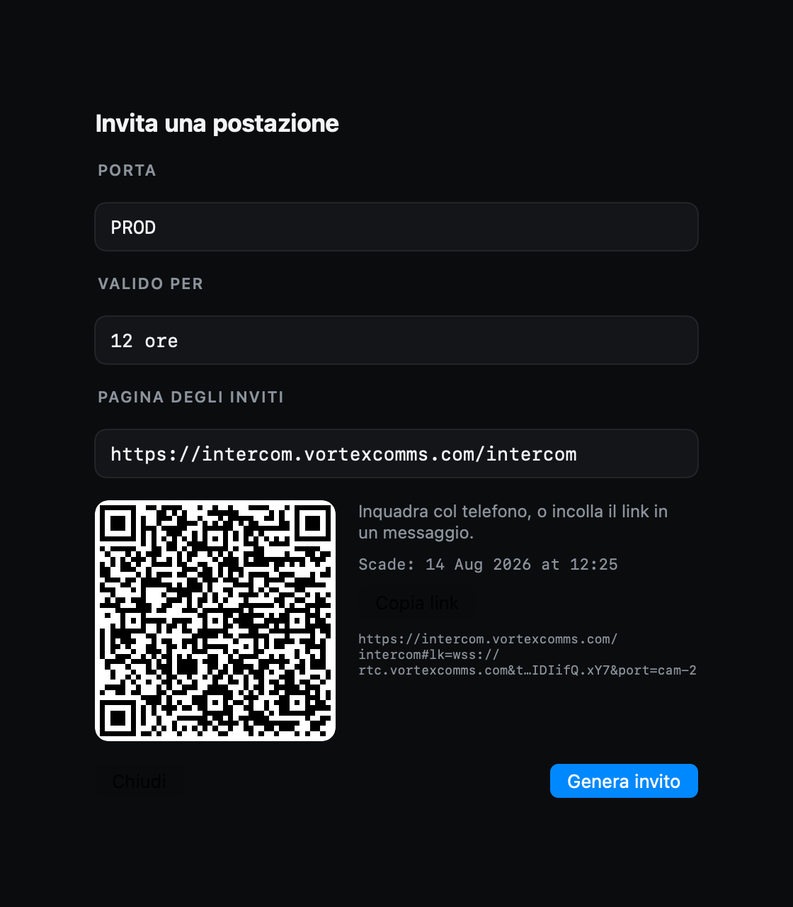 Generazione dell'invito con QR e link a scadenza