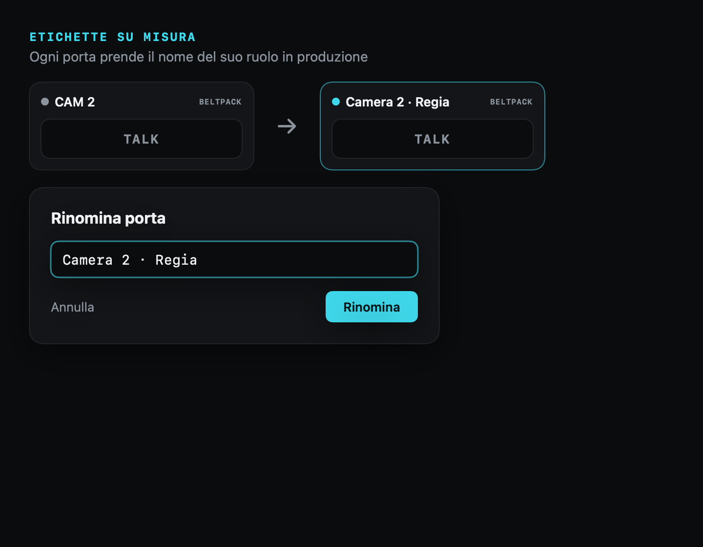 Rinomina di una postazione: da CAM 2 a Camera 2 · Regia